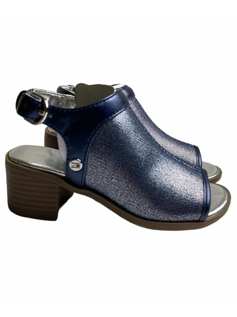 Tommy Hilfiger Girls Navy Blue And Silver Sling back Block Heeled Sandal Size 11